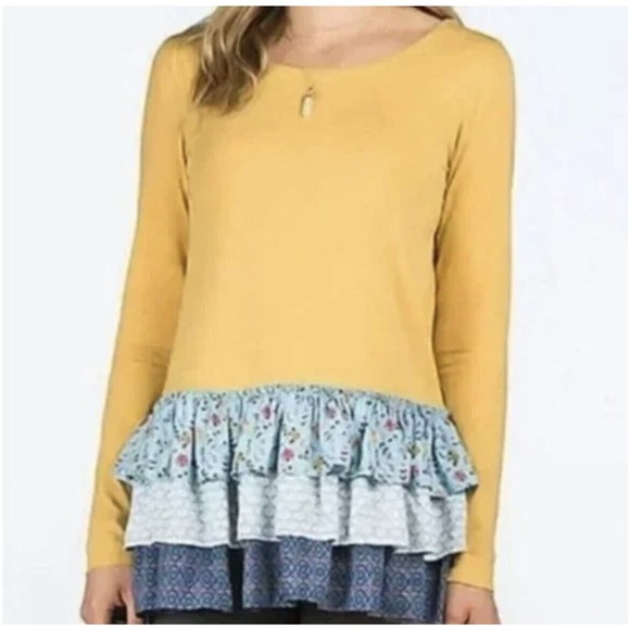 Matilda Jane Weekend Vibes Sz Small Yellow Mixed Floral Tiered Ruffle Hem Shirt - Picture 1 of 14